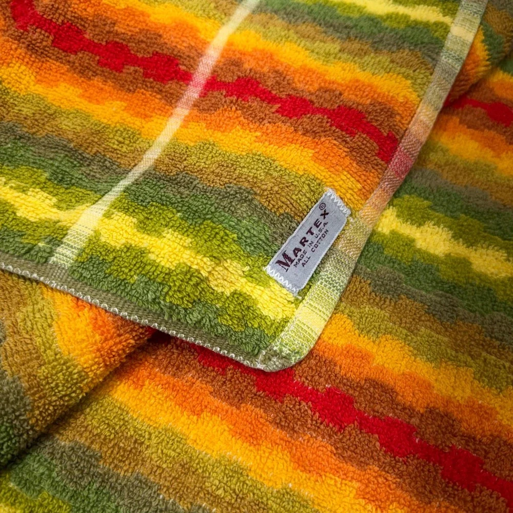 Martex Beach Towel 16x33 Orange Green Vintage 70s Striped Cotton USA Made